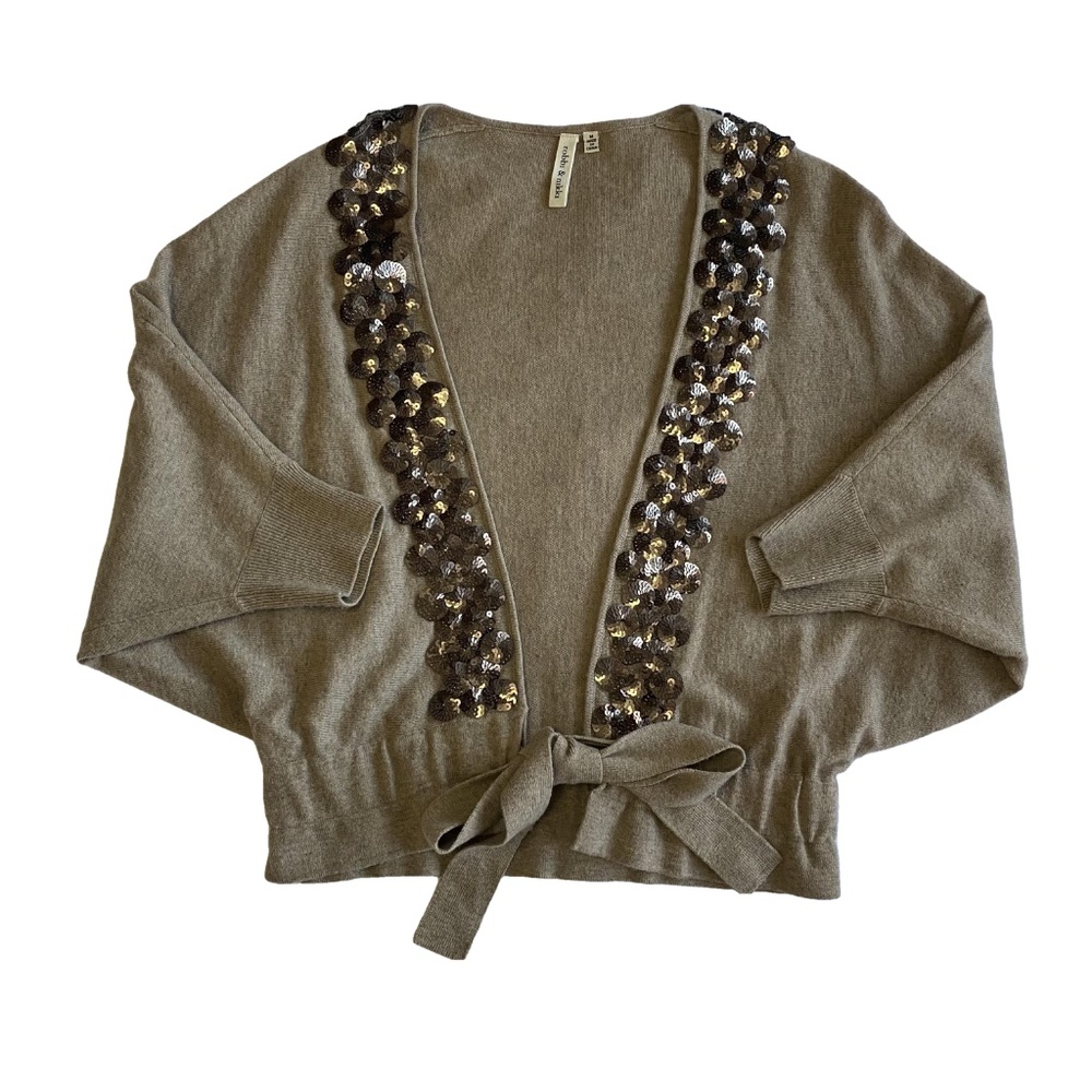 ROBBI & NIKKI Wool Cashmere Sequin Belted Cardigan Sweater Dolman Sleeve L EUC